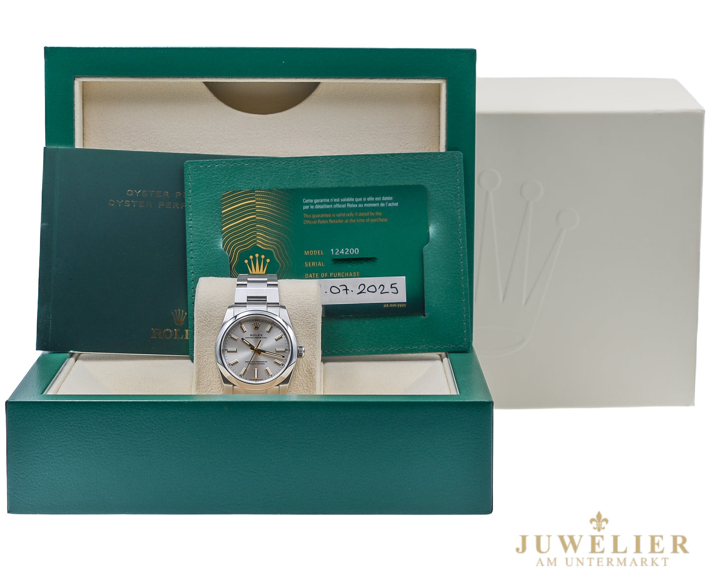 Rolex Oyster Perpetual 34 I Silver Dial I Gold Hands I Box & Papers I 2025I 124200