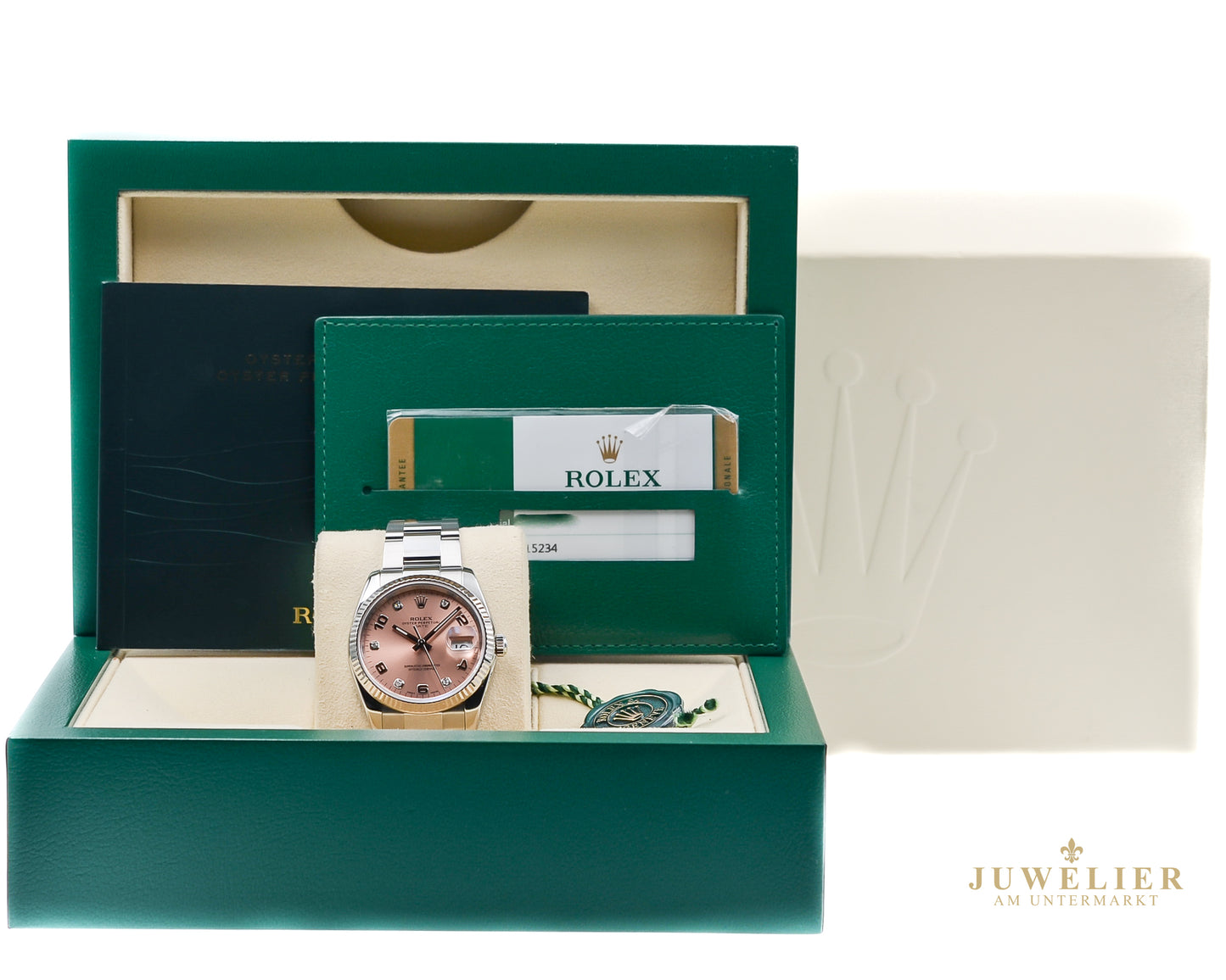 Rolex Oyster Date 34mm I Pink Diamond Dial I Box & Papers I 115234