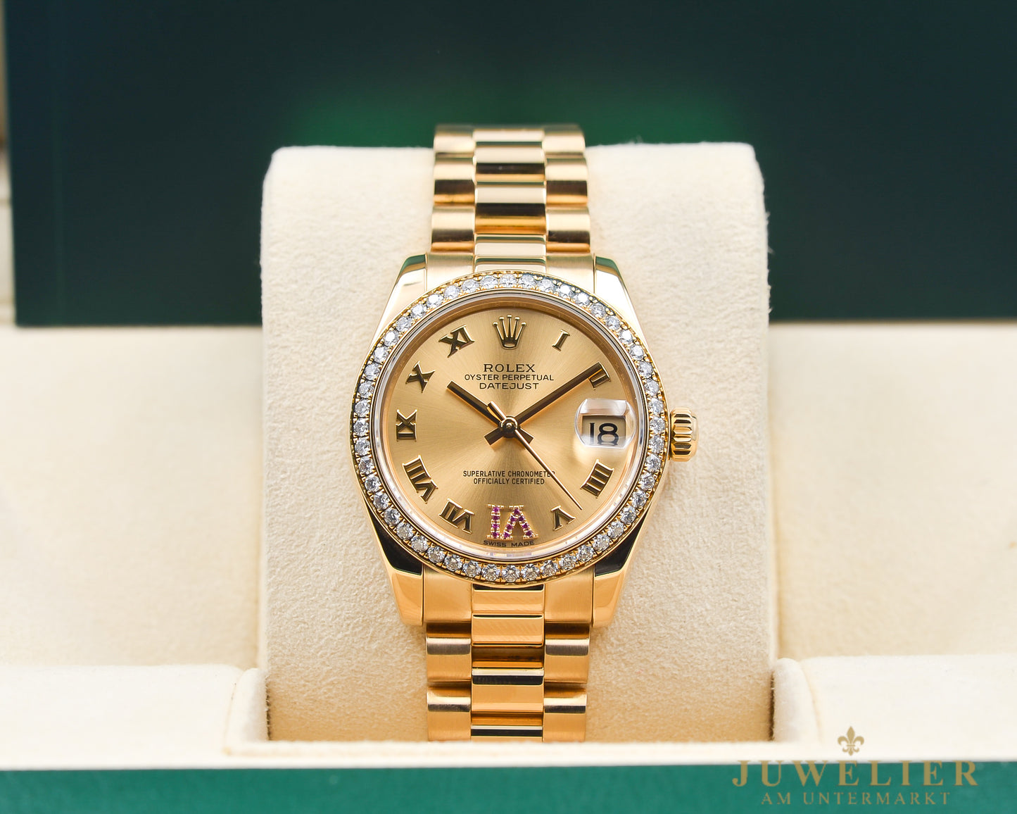 Rolex Datejust 31 I Diamond Bezel I Ruby I Yellowgold 18kt. I LC 100 I Box & Papers