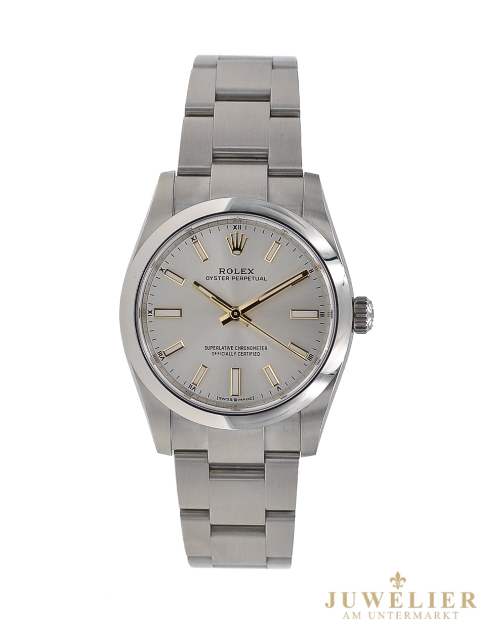 Rolex Oyster Perpetual 34 I Silver Dial I Gold Hands I Box & Papers I 2025I 124200
