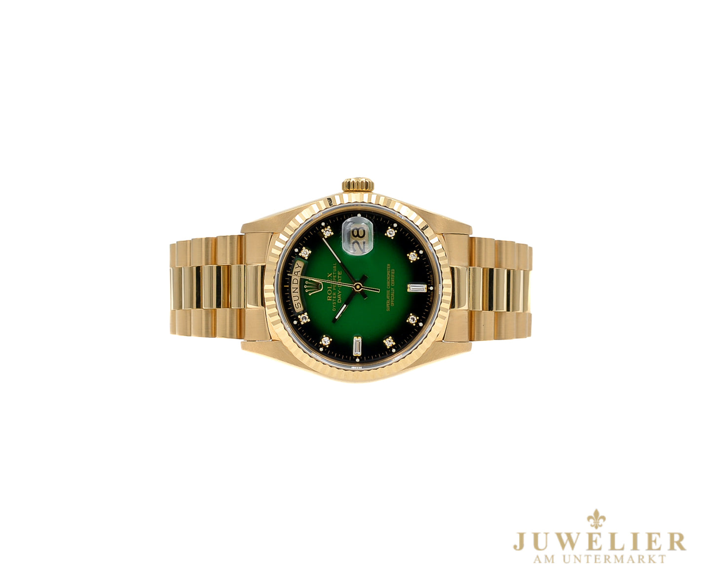 Rolex Day - Date 36 I Yellowgold 18kt. I Green Ombre Diamond Dial I President Bracelet I 18038