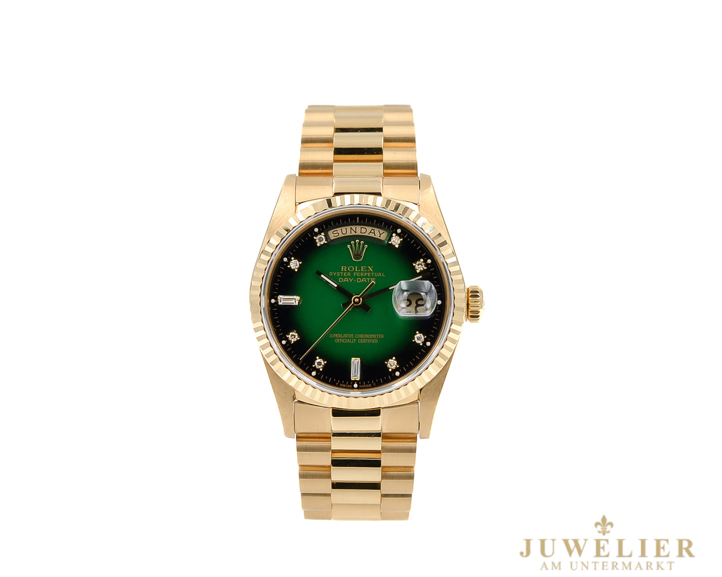 Rolex Day - Date 36 I Yellowgold 18kt. I Green Ombre Diamond Dial I President Bracelet I 18038