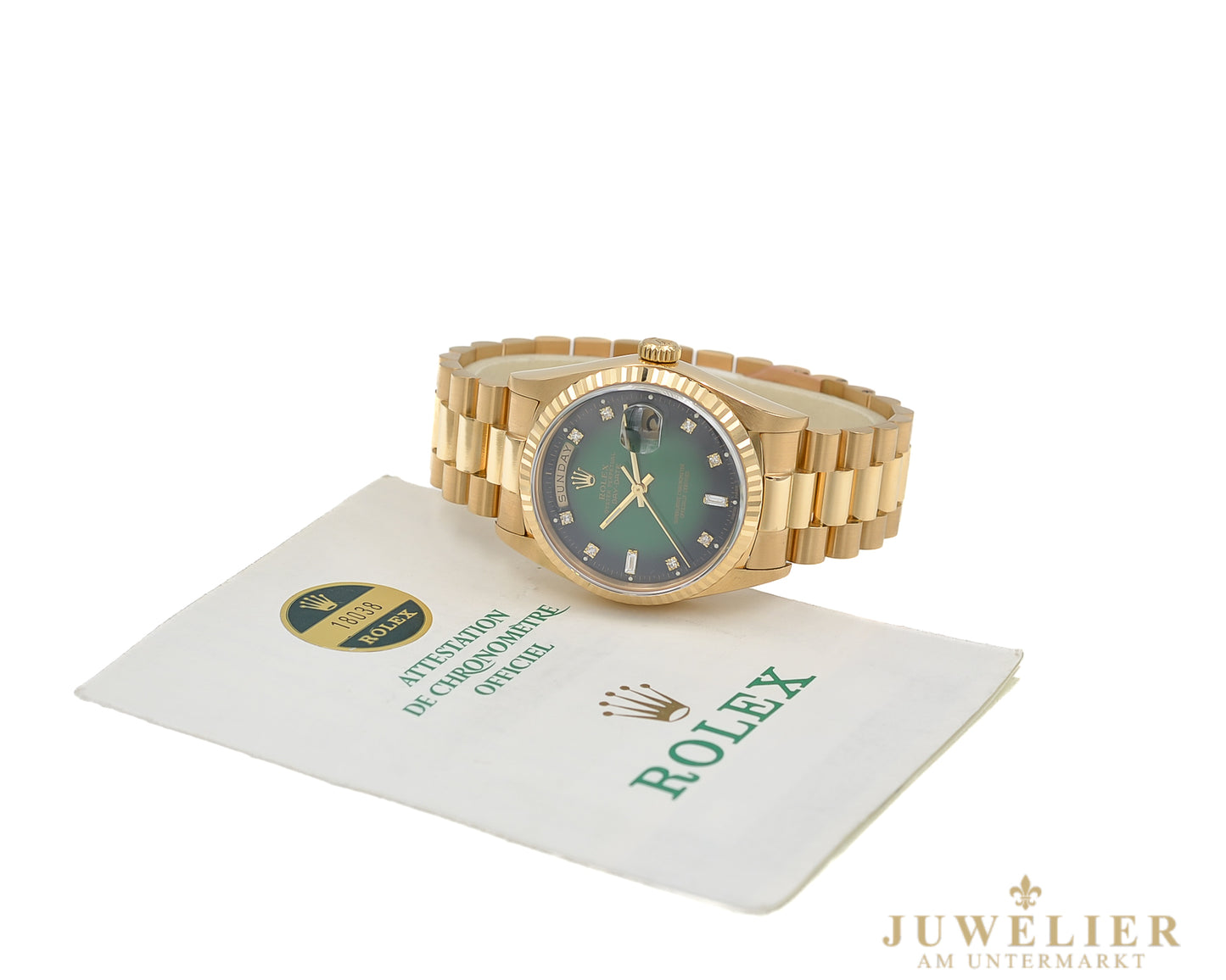 Rolex Day - Date 36 I Yellowgold 18kt. I Green Ombre Diamond Dial I President Bracelet I 18038