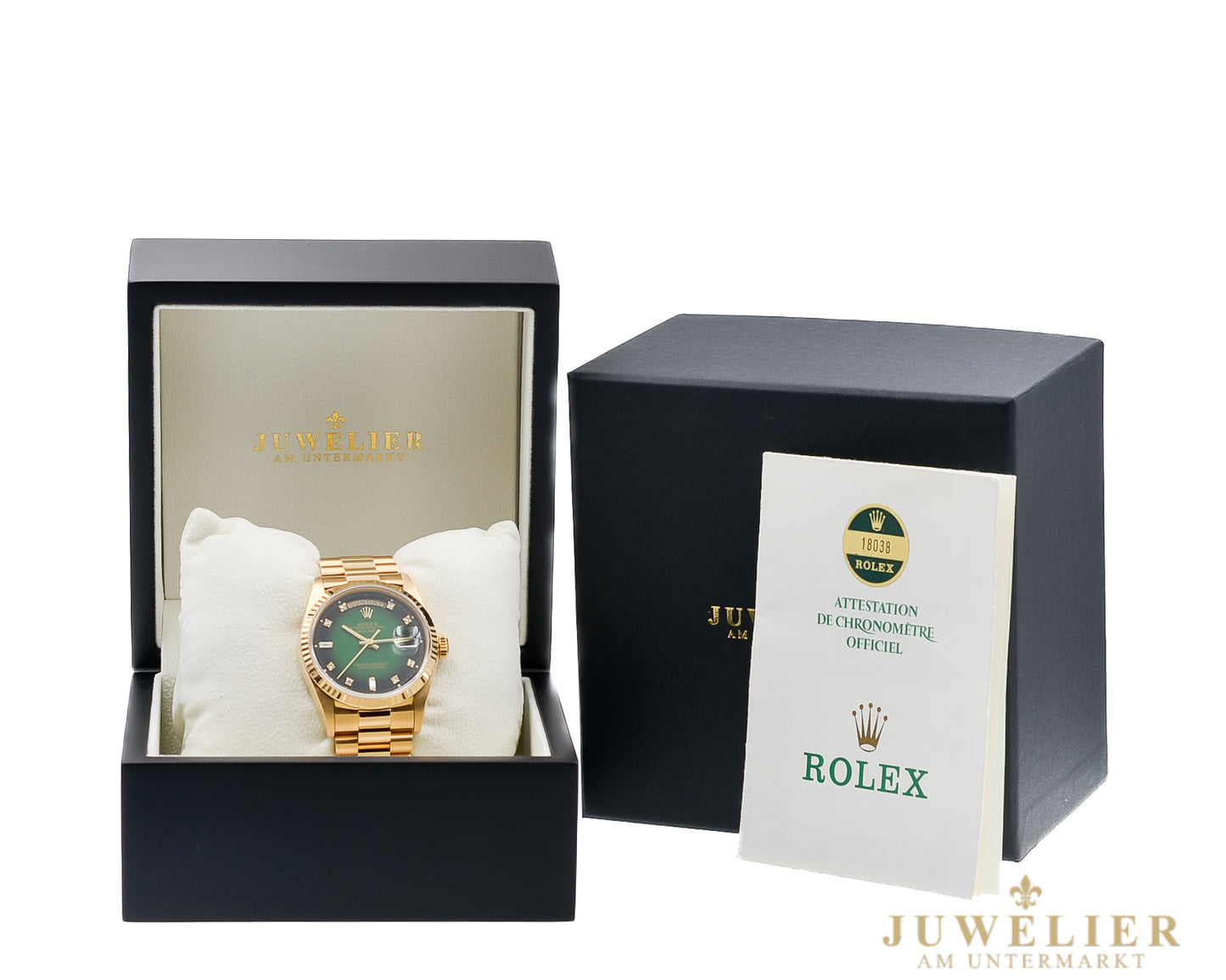 Rolex Day - Date 36 I Yellowgold 18kt. I Green Ombre Diamond Dial I President Bracelet I 18038