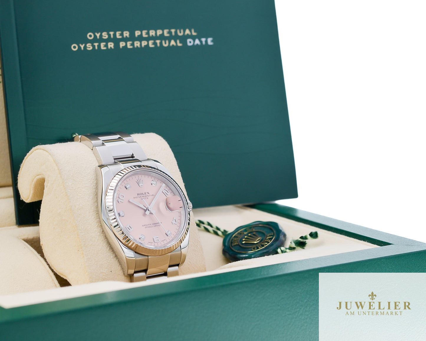 Rolex Oyster Date 34mm I Pink Diamond Dial I Box & Papers I 115234