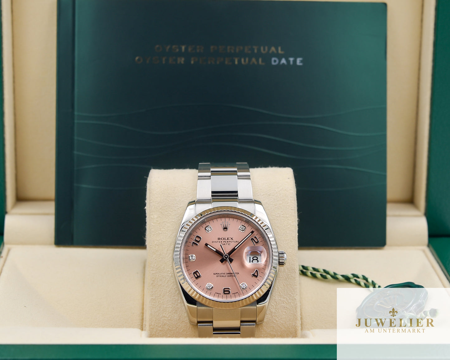 Rolex Oyster Date 34mm I Pink Diamond Dial I Box & Papers I 115234